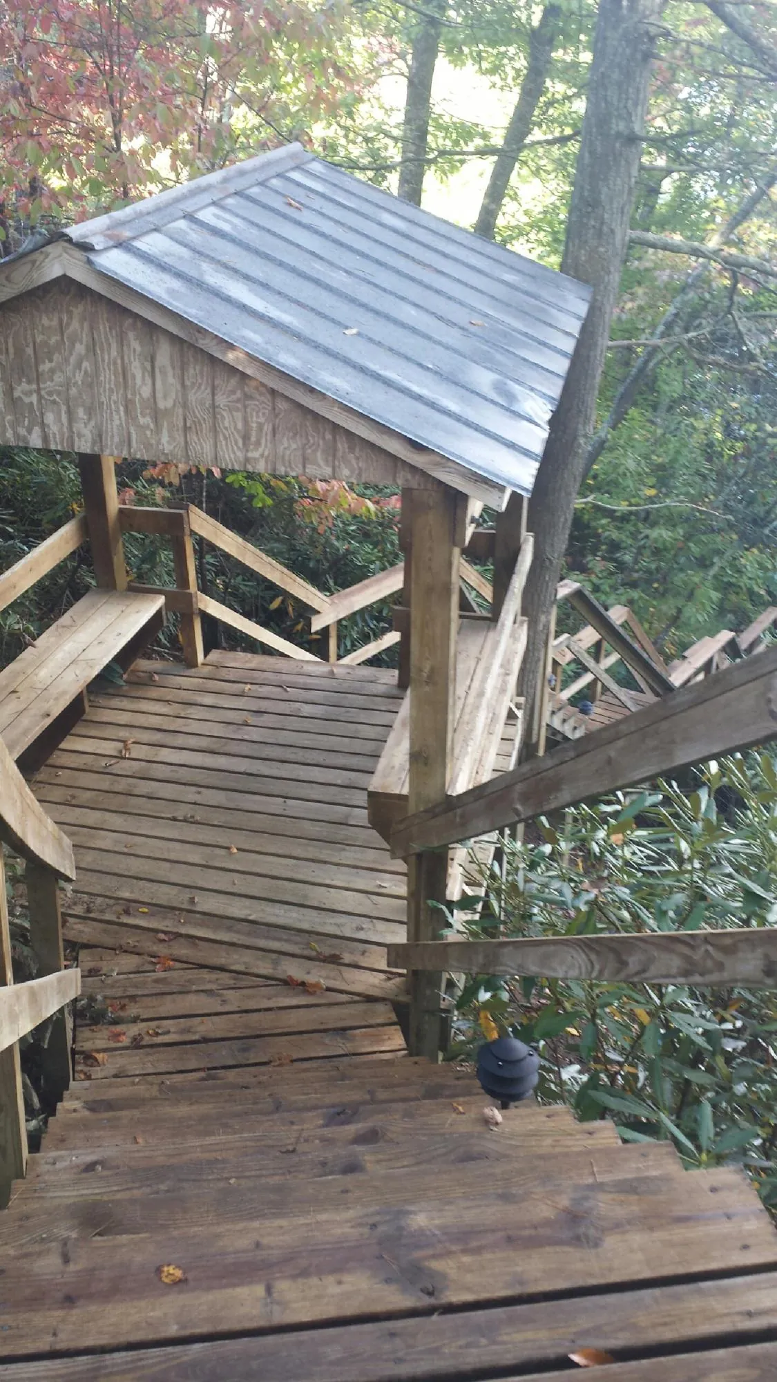 Metal roofed shelter over wooden steps on a wooded walkway — Skylight Repair & Installation work by our crew in Jarratt